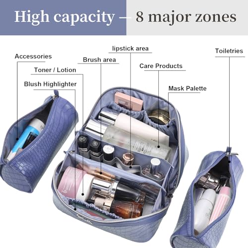 BOYATU Travel Makeup Bag Cosmetic Bags for Women: 3 Pcs Set Large Capacity Make up Bag with Handle - Crocodile Pattern Vegan Leather Toiletry Bags Travel Essentials with Compartments(E-3-Blue) - color: E-3-Blue