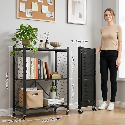 DEANIC 3 Tier Foldable Storage Shelves with Wheels, Kitchen Appliance Stand, Freestanding Metal Wire Shelf Rack, No Assembly Organizer Rolling Cart for Garage, Basement, Pantry (Black) - color: Black