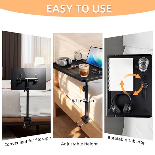 Adjustable Bedside Shelf for Bed, College Dorm Room Essentials, Bamboo Bed Side Tray Table with Sturdy Metal Pole, Clip On Nightstand Organizer for College, Apartment, Bunk Beds