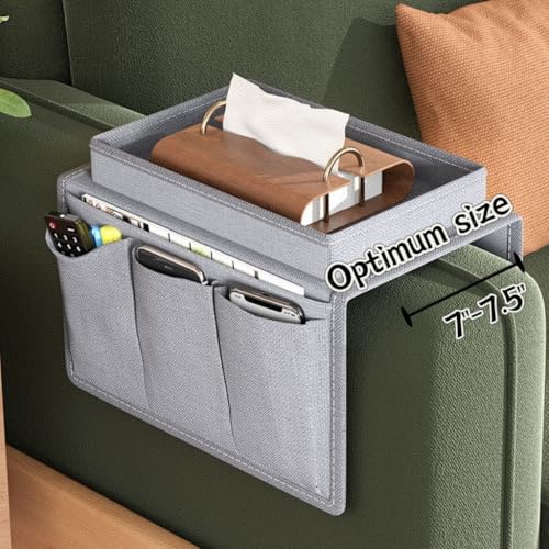 Sofa Armrest Organizer,TV Remote Holder Sofa Organizer with Top Tray for Couch Recliner Home Accessories Bedside Storage Pockets Bag (Grey)