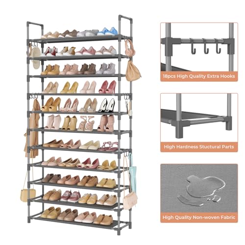LANTEFUL 11 Tiers Tall Shoe Rack Holds 55 Pairs of Shoes with 18pcs Hooks Sturdy Wide Shoe Organizer Storage Free Standing Metal Shoe Shelf for Closet, Entryway Grey - color: Grey, size: 11 Tier-74.8" High-34" Wide