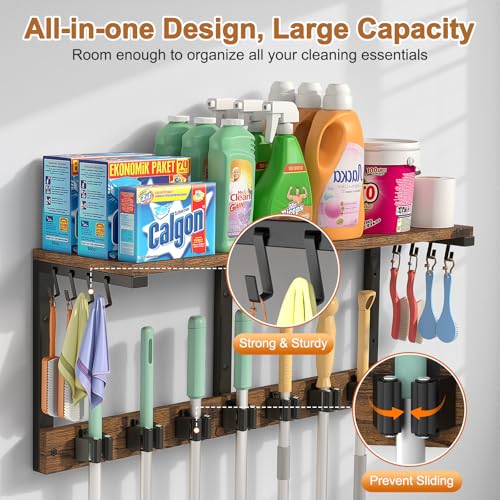 Housolution Broom Holder Wall Mount with Cleaning Supplies Organizer, 100 LBS High Load-Bearing Laundry Room Storage Shelves, Multifunctional Mop Hanger Rack with 7 Grippers & 8 Hooks - size: 1 Tier