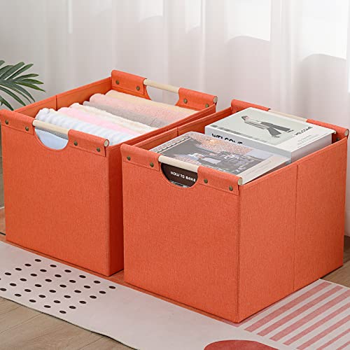HOONEX Large Collapsible Storage Bins, Linen Fabric, Pack of 2, Storage Baskets with Wooden Carry Handles and Sturdy Heavy Cardboard, for Home, Office, Car, Nursery, Orange - color: Orange