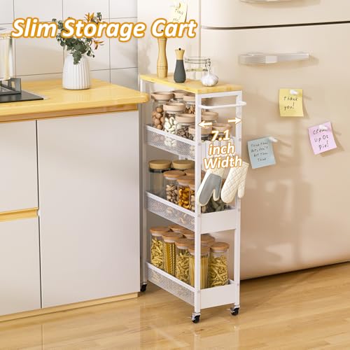 Vincona Slim Storage Cart on Wheels, 4 Tier Metal Narrow Rolling Cart with Handle and Wood Top, Multifunctional Small Mobile Shelf Unit Organizer Trolley for Laundry, Bathroom, Kitchen - color: White, size: 7.1" wide