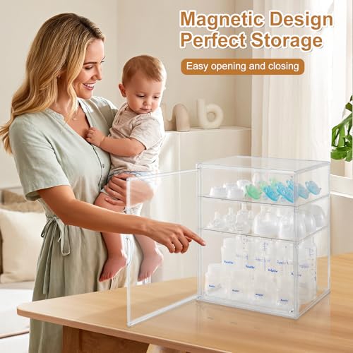 ERTIUANIO Baby Bottle Organizer – 3 Tier Acrylic Bottle Storage Organizer container, Clear Plastic Bottle Station Organizers Drawers for Countertop Kitchen Cabinet Vanity, Bathroom, Gifts for New Mom - size: Large, style: 3-Tier Single-Door