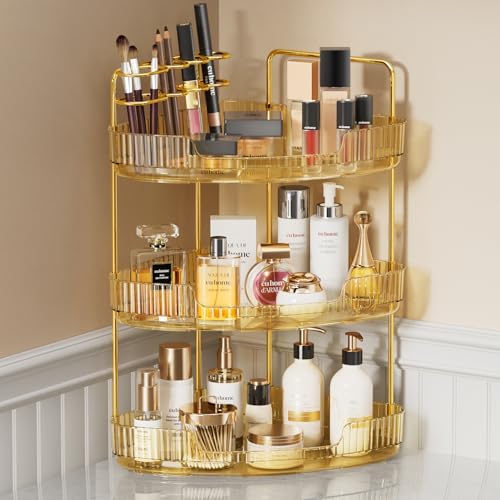 EUHOME 3-Tier Corner Bathroom Counter Organizer Makeup Cosmetic Storage, Tool-Free Installation Acrylic Vanity Shelf, Countertop Storage Organizers Perfume Tray for Bathroom, Dresser, Kitchen (Gold) - color: Gold, size: 9" x 9" x 20.5"