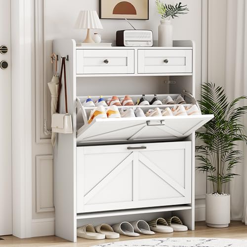 Shoe Cabinet with 2 Flip Drawers & 2 Top Drawers, 43" Tall Freestanding Narrow Wooden Shoe Storage Organizer for Entryway, Hidden Slim Shoe Rack for Front Door Entrance, Hallway, Living Room, White - color: White, size: 2 Flip Drawers