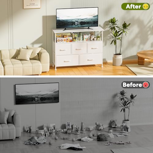 Simple Deluxe TV Stand Dresser for Bedroom Entertainment Center with 5 Fabric Drawers, Storage Organizers Units for Living Room, Media Console Table with Open Shelf up for 45" TV, White, Wood top - color: White, size: 39.3"D x 11.8"W x 31.8"H (5 Drawers)