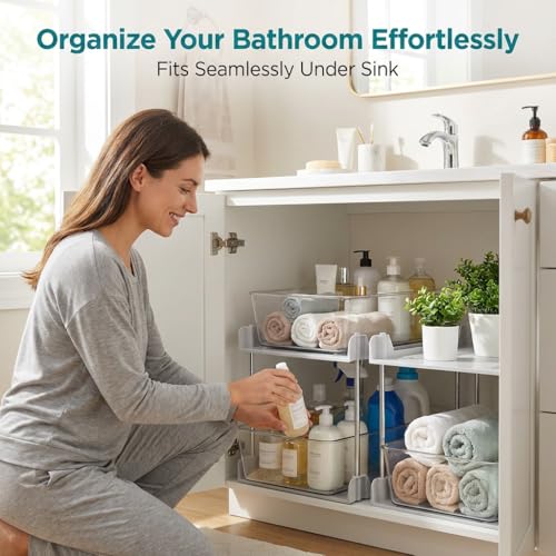 2 Pack Bathroom Organizer,2 Tier White Under Sink Organizers Vanity Countertop Storage Container,Cabinet Drawers Bins, Pull-Out Organization with Track for Pantry, Kitchen - color: White, size: 2 Pack