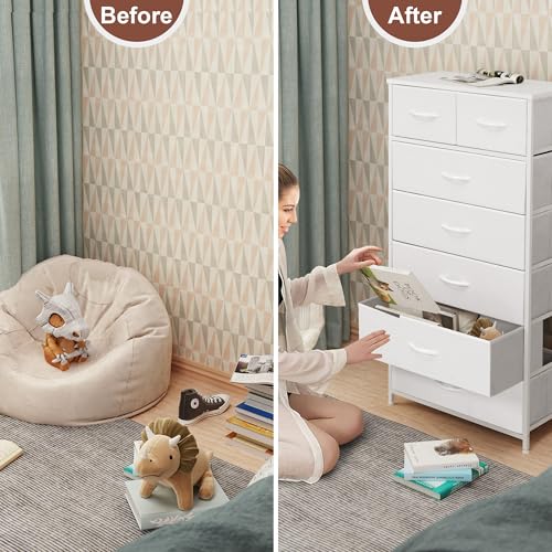Crestlive Products Vertical Dresser Storage Tower - Sturdy Steel Frame, Wood Top, Easy Pull Fabric Bins, Handles - Organizer Unit for Bedroom, Hallway, Entryway, Closets - 7 Drawers (White) - color: White, style: 7 Drawers