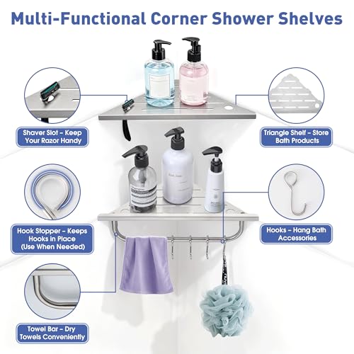 Shower Corner Shelf, 10'' Corner Shower Shelf with Towel Bar & Hooks, 2-Pack 304 Stainless Steel Recessed Bathroom Shelves, No Drilling for Tiled Wall (Brushed Nickel) - color: Brushed Nickel