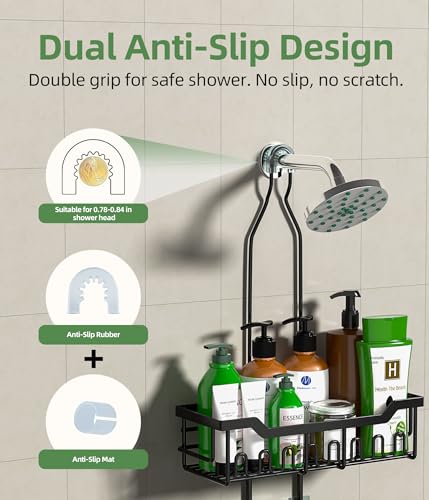 Shower Caddy Hanging Organizer, Extra Large Rack Over Showerhead with Hooks, Adjustable Height Shower Caddy for Big Shampoo Bottle, Black - color: Black - 2 Tier - XL