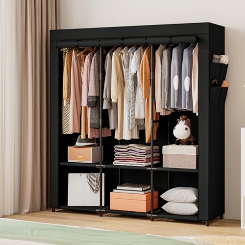 SORCEDAS Portable Closet Wardrobe Storage Organizer Metal Hanging Rack Non-Woven Fabric 50 Inch (Black) - color: Black, size: 50 Inch