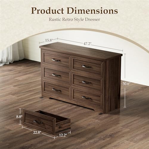 AODK Farmhouse 6 Drawer Dresser for Bedroom, 47” Wide Rustic Storage Dresser with Engineered Wood Frame, Anti-Tip Safety Chest, American Country Bedroom Furniture, Walnut - color: Walnut, size: 15.7"D x 47"W x 30.4"H (6 Drawers)