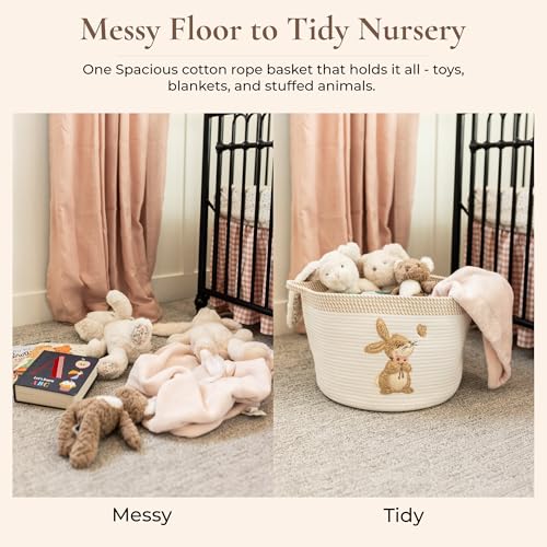 Bunny Storage Basket for Nursery – Large 15"x11" Cotton Rope Bin with Soft Embroidered Bunny Patch – Toy Organizer, Baby Laundry Hamper, Blanket & Diaper Holder – Foldable, Washable & Baby-Safe - color: Bunny