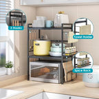 DOLALIKE Microwave Oven Rack, Expandable Microwave Stand Countertop Kitchen Utensils Tableware Storage, Carbon Steel Over Microwave Shelf Countertop with 6 Hooks - color: Black, size: 3 Tier (With Spice Rack)