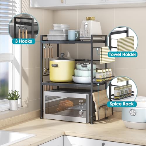 DOLALIKE Microwave Oven Rack, Expandable Microwave Stand Countertop Kitchen Utensils Tableware Storage, Carbon Steel Over Microwave Shelf Countertop with 6 Hooks - color: Black, size: 3 Tier (With Spice Rack)