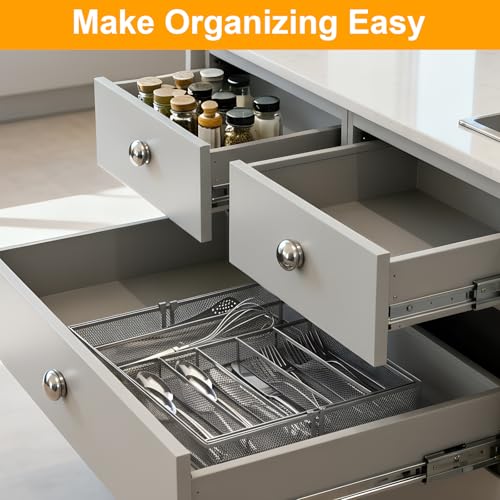 1 Pcs Utensil Drawer Silverware Organizer, Metal Mesh Expandable 13" ~24" Kitchen Drawer Organizer, 7-9 Slots Cutlery Tray Dividers for Kitchen Flatware Christmas Housewarming Gift (Sliver) - color: Sliver
