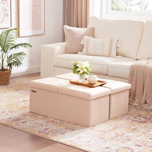 HAUSFRAU 31.5 Inches Ottoman with Storage, Folding Ottoman Small Foot Rest Stool Bedroom Bench with Flipping Lid, Linen Beige - color: Beige, size: 13"D x 31.5"W x 13"H