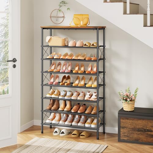 Tajsoon 8 Tier Free Standing Shoe Rack for 28-32 Pairs, X Shape Fixed Frame Metal Mesh Shoe Rack for Closet, Rustic Brown & Black - color: Rustic Brown & Black, size: 8-Tier