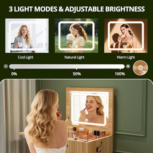 FURSUN 3-in-1 Vanity with Flip Mirror & Lights, Fluted Compact Vanity Table with 3 Drawers, Storage Compartment and Rolling Stool, Modern Small Makeup Vanity for Bedroom, Powder Room, Natural Oak - size: 15.7"D x 18.2"W x 46.9"H, style: Natural Oak