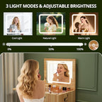 FURSUN 3-in-1 Vanity with Flip Mirror & Lights, Fluted Compact Vanity Table with 3 Drawers, Storage Compartment and Rolling Stool, Modern Small Makeup Vanity for Bedroom, Powder Room, Natural Oak - size: 15.7"D x 18.2"W x 46.9"H, style: Natural Oak