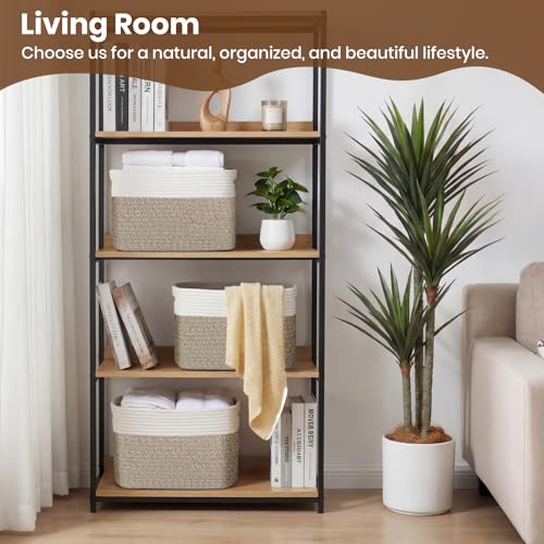 Storage Baskets for Organizing, 14 x 10 x 9” Closet Shelf Woven Baskets, Square Bins with Handles, Cotton Rope Basket for Toys, Clothes, Office, Room, White+Rice Brown 3 Pack - color: White+Rice Brown, size: 3pcs