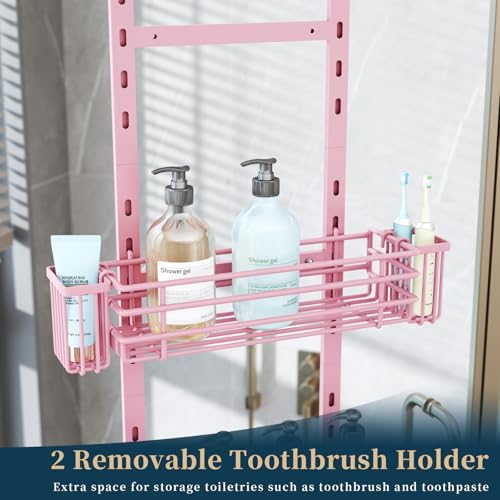 Consumest Over The Door Shower Caddy - 5 Tier Adjustable Shower Organizer Hanging with 2 Toothbrush Holders & 4 Hooks, Rustproof Organizer Shelf, Storage Rack for Bathroom, Pink - color: Pink, size: 5-Tier