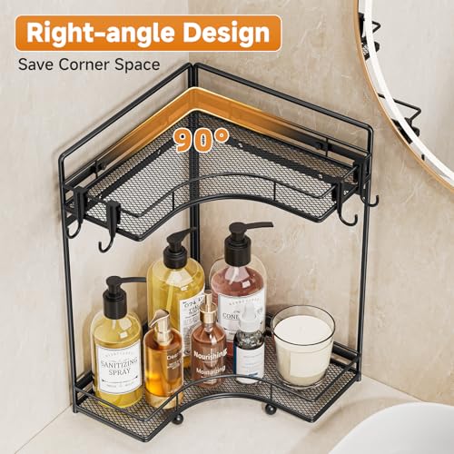 VITVITI 2-Tier Corner Bathroom Counter Organizer, Bathroom Countertop Organizer Storage for Sink, Metal Mesh Makeup Organizer for Vanity Countertop Kitchen with Hooks, Black - color: Black