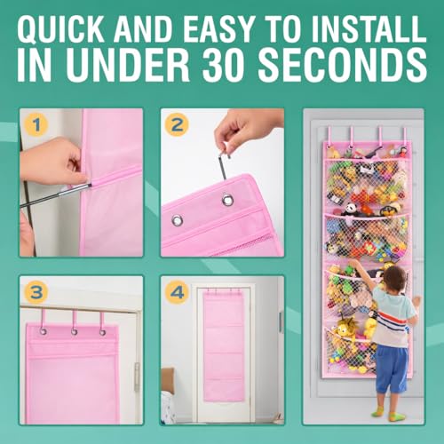 Honeyera Storage for Stuffed Animals - Over Door Organizer for Stuffies, Baby Accessories, and Toy Plush/Easy Installation with Breathable Hanging Storage Pockets Big Girls Chair Toddler Large Bag - color: Pink