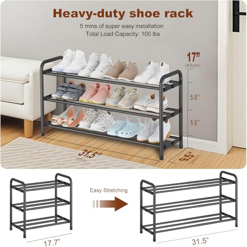 KANAV Expandable Shoe Rack Organizer – 3-Tier Shoe Shelf for Closet, Entryway & Front Door – Space-Saving Shoe Storage Solution - color: Black, size: 3-Tiers