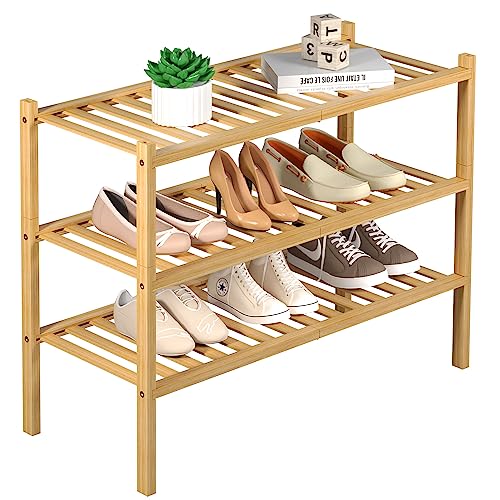 ROMGUAR CRAFT 3 Tier Bamboo Shoe Rack for Closet Free Standing Wood Shoe Shelf Storage Organizer for Entryway Small Space Stackable 27"x11"x20" (Natural) - color: Natural, size: 3 Tier