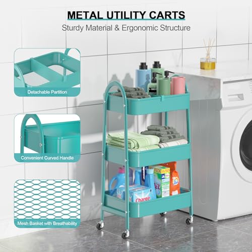 EAGMAK 3 Tier Utility Rolling Cart, Metal Storage Cart with Handle and Lockable Wheels, Multifunctional Storage Organizer Trolley with Mesh Baskets for Kitchen, Living Room, Office, Garage (Turquoise) - color: Turquoise, size: Normal
