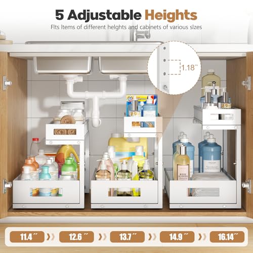 2 Pack 17IN Depth Under Sink Storage Organizer, Large 2-Tier Elegant Mesh Pull Out Shelf for Kitchen and Bathroom Cabinet Organization, L-Shaped and Adjustable Height Design-White - color: White, size: 2 Pack-17"Dx11.4"-16.14"H