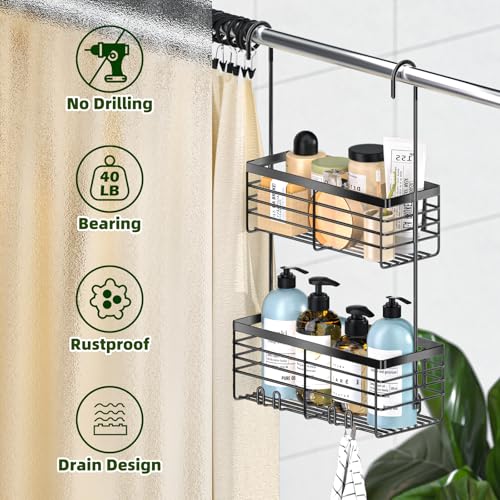 YUOROS Hanging Shower Caddy, 2 Tier Over the Door Shower Organizer Rack Organizer Stainless Steel Rustproof (Black) - color: Black, size: 2 Tier