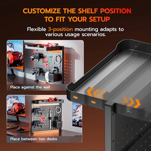 ARES WING Desk Clamp On Pegboard with 16 inches Organizer Shelf, Adjustable Above or Under Desk Storage Shelf Holds 44 lbs, Magnetic Metal Peg Board for Office and Gaming Accessories, Black - color: Black, size: Pegboard Shelf