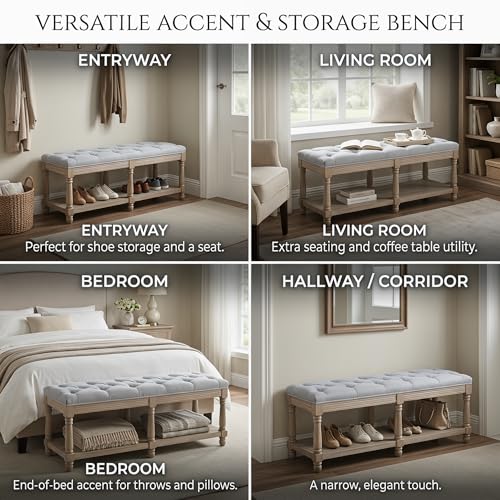 chairus Shoe Rack Bench Storage Vintage Bedroom Padded Bench Seat End of Bed, Fabric Tufted Farmhouse French Entryway Bench with Wood Legs for Hallway Foyer, Gray - color: Grey, size: 45.5 Inches Seat