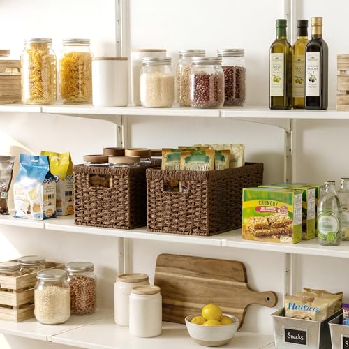 StorageWorks Round Paper Rope Storage Baskets, Rectangular Wicker Baskets with Built-in Handles, Medium, 2-Pack - color: Dark Brown (Paper Rope), size: 2x 13¼"L x 8¼"W x 7"H