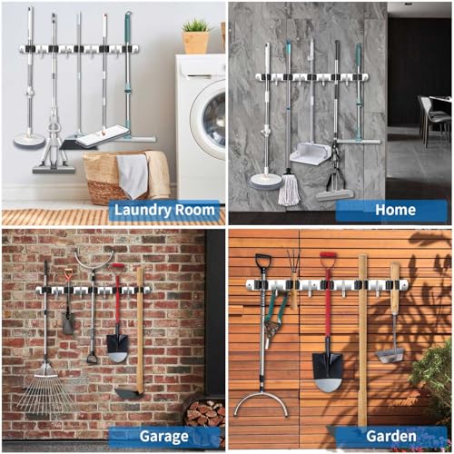 2 Pack Wall Mount, Stainless Steel Broom Hanger, Heavy Duty Mop and Broom Holder Tool Racks Utility Hooks for Laundry Room Garden Garage, Grey (4 Racks and 5 Hooks) - color: Gray, size: 2Pack 4R5H