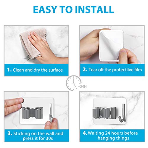 homeasy Mop Broom Holder No Drill, Mop Broom Organizer Wall Mounted Heavy Duty with Hooks Hanger, Self Adhesive Stainless Steel 4Pcs for Bathroom, Kitchen, Office (Silver) - color: Silver