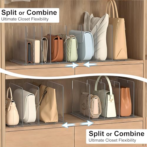 SortNStore Bag & Purse Organizer for Closet: Adjustable Clear Handbag Storage Shelf - Plastic Clutch Dividers for Closet Organizers and Storage - Keep Carteras & Pocketbook Upright - color: Clear, size: 2 Bases+7 Dividers