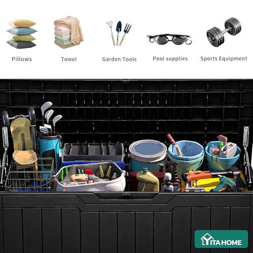 YITAHOME 80 Gallon Resin Deck Box, Weather Resistant Outdoor Storage Box, Lockable Indoor Outdoor Storage for Supplies and Essentials, Black - color: Black, size: 80 Gallon, style: Deck Box