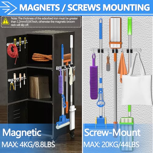3-H Magnetic Broom Holder Wall Mount 2 Pack, 2-in-1 Dual Mount (No Drill or Screw Fix), 304 Stainless Steel Heavy Duty Magnet Mop Broom Organizer for Kitchen Garden Garage(3 Racks & 4 Hooks, Silver) - color: Silver, size: 2pc & 3R4H