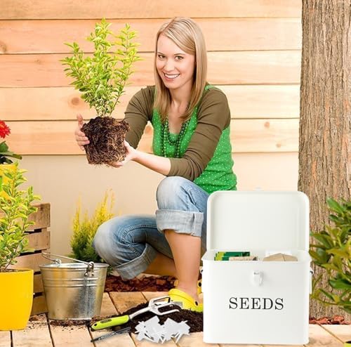 Seed Storage Organizer, T-Shape Compartment Seed Box with Safety Lock, Metal Seed Saving Box, Portable Seed Bin Container with Handle, Including 2 Pens 20 Plant Labels 50 Seed Envelopes-White - color: Tall-White