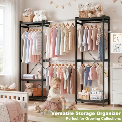 Homykic Bamboo Closet System, 71"-91" Expandable Clothing Rack with 5 Hanger Rods & Shelves, 6.6ft Tall Garment Rack Organizer for Walk-in Closet Bedroom, Max Load 850LBS, Easy to Assemble, Black - color: Black, size: 91"Wx14.2"Dx79"H
