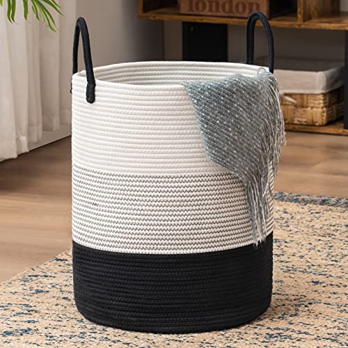 Woven Rope Laundry Hamper Basket by YOUDENOVA, Tall Luandry Basket, Baby Nursery Hamper for Blanket Storage, Clothes Hamper for Laundry in Bedroom-Large-(Dark White, 58L) - color: White&Black, size: Tall (58L )