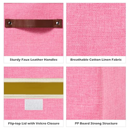 2PCS Storage Boxes with Lid Cotton Linen Fabric Storage Bins Organizer Container Decorative Collapsible Washable Shelf Closet Baskets Faux Leather Handles Home Bedroom (Pink, Small) - color: Pink, size: Small (Set of 2)