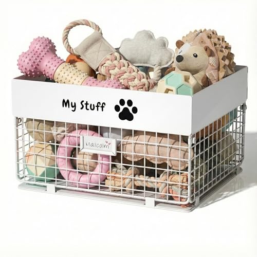 qeerable Dog Toy Box- Metal Toy basket for Dog - Dog Toys Storage Bin for Pet - Personalized Large Dog Toys Basket for Puppy and Pet- White Chew Resistant Dog Toy Chest & Organizer - color: White