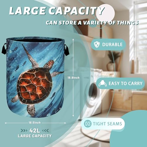 Sea Turtle Laundry Basket Foldable With Handles Watercolor Turtles Tote Bag Oxford Cloth Colorful Animal Laundry Hamper Clothes Toy Storage Bucket For Bathroom/Laundry/Bedroom 18.9"x 16.5 " - color: Watercolor Turtles