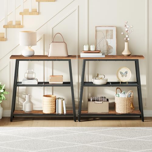 HOOBRO Narrow Console Table, 3-Tier Small Entryway Table with Storage Shelves, Behind Couch Sofa Table, Hallway Table for Entryway, Foyer, Hallway, Living Room, Rustic Brown and Black BF62XG01 - color: Rustic Brown + Black